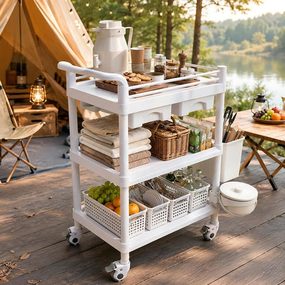 Three Tier Rolling Cart with Drawers, Mobile Postpartum Cart Organizer with Locking Wheels, Removable Baskets and Side Storage for Bathroom, Nursery, Clinic, Salon and Home