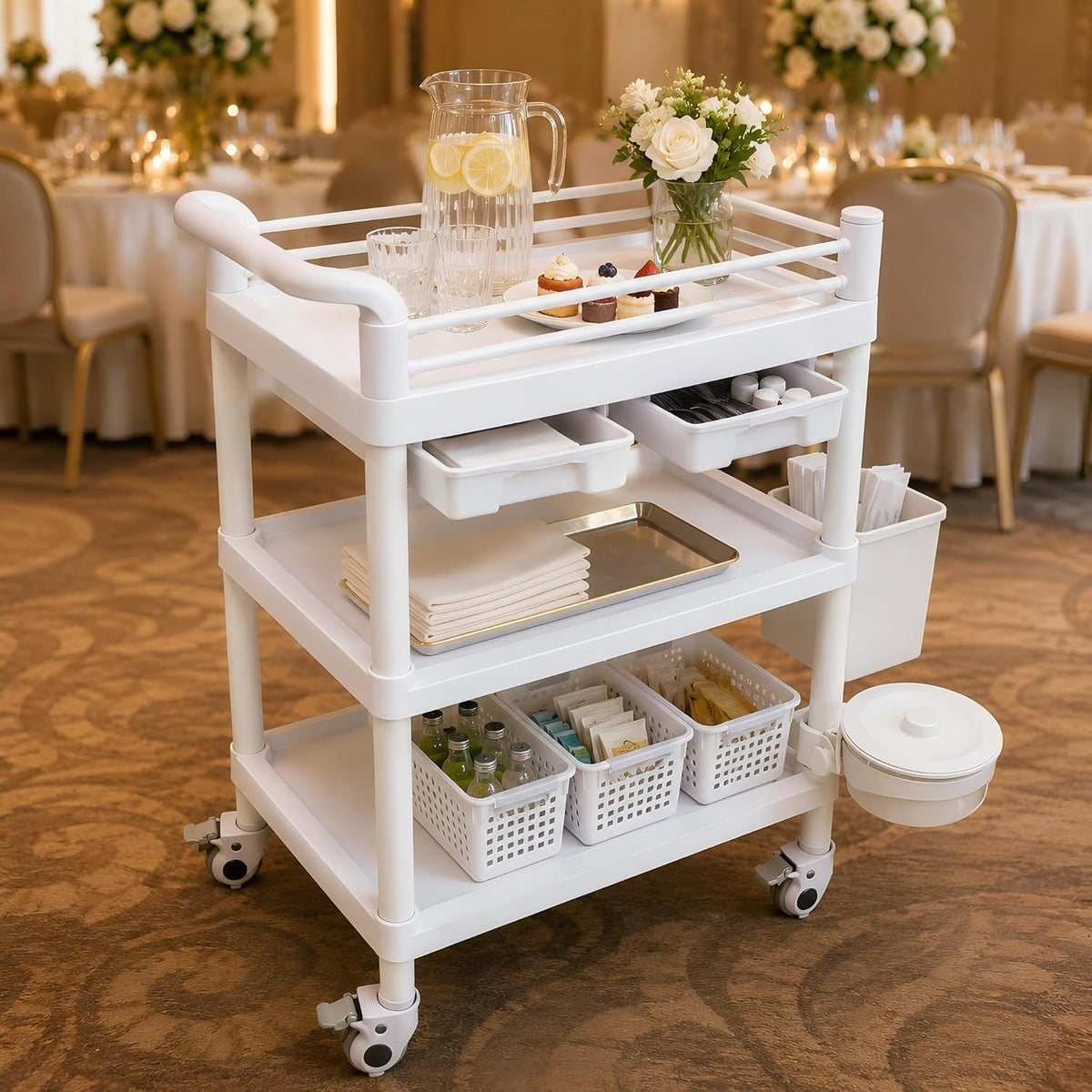 Three Tier Rolling Cart with Drawers, Mobile Postpartum Cart Organizer with Locking Wheels, Removable Baskets and Side Storage for Bathroom, Nursery, Clinic, Salon and Home
