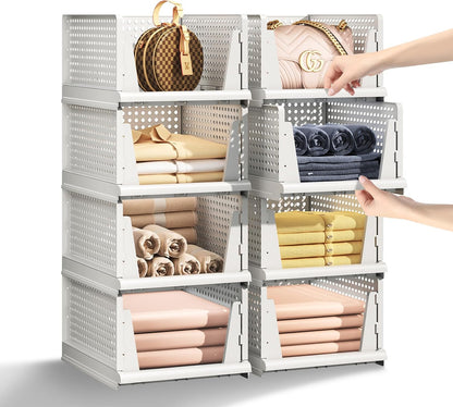 5 Packs Stackable Plastic Storage Basket for Closet Foldable Closet Organizers and Storage Bins for Shelves Storage Drawer Container for Clothes, Wardrobe, Pantry, 5L