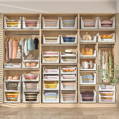 5 Packs Stackable Plastic Storage Basket for Closet Foldable Closet Organizers and Storage Bins for Shelves Storage Drawer Container for Clothes, Wardrobe, Pantry, 5L