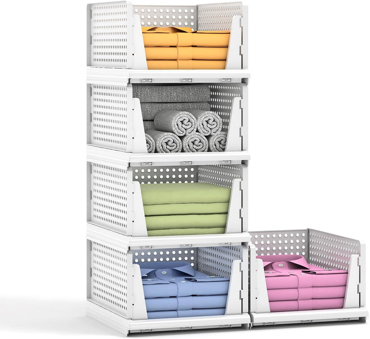 5 Packs Stackable Plastic Storage Basket for Closet Foldable Closet Organizers and Storage Bins for Shelves Storage Drawer Container for Clothes, Wardrobe, Pantry, 5L