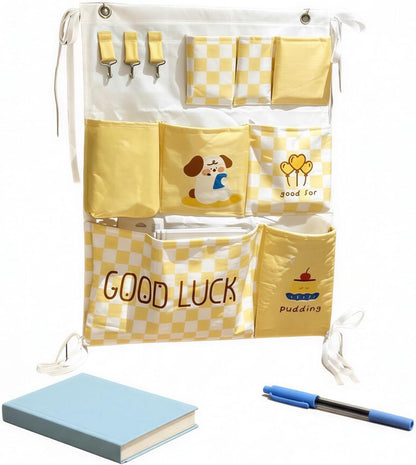 2 Pcs Over Door Organizer, Hanging Wall Organizers with Tissue Pocket, Cartoon Pattern Checkered Closet Storage Organizer for Dorm, Bunk Bed, Bedroom Essentials, Space Saving Storage