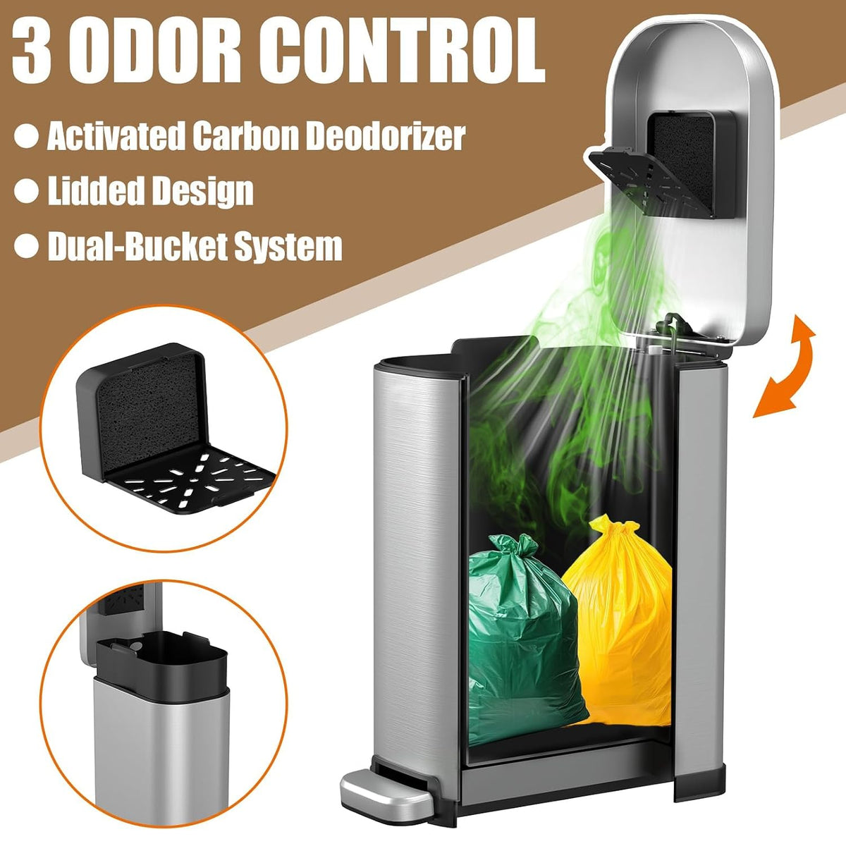 Dog Poop Trash Can Outside with Odor Control Lid & Step Pedal, 3.2Gal Stainless Steel Outdoor Trash Can, Waterproof Dog Waste Container Station - Includes Carbon Filters & Paw Stickers