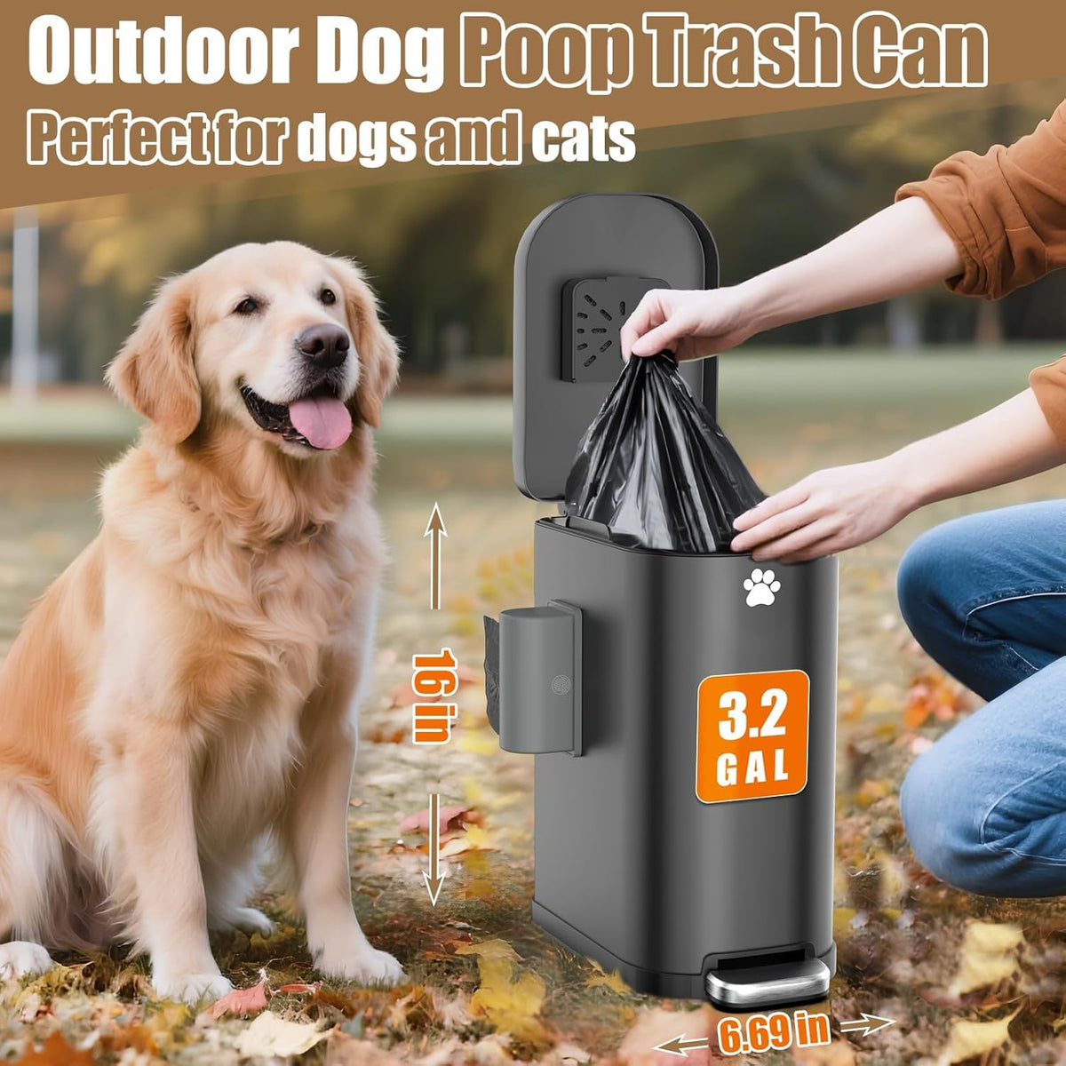 Dog Poop Trash Can Outside with Odor Control Lid & Step Pedal, 3.2Gal Stainless Steel Outdoor Trash Can, Waterproof Dog Waste Container Station - Includes Carbon Filters & Paw Stickers
