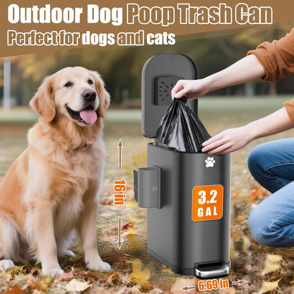 Dog Poop Trash Can Outside with Odor Control Lid & Step Pedal, 3.2Gal Stainless Steel Outdoor Trash Can, Waterproof Dog Waste Container Station - Includes Carbon Filters & Paw Stickers