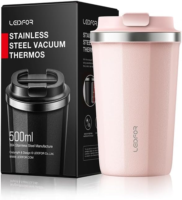 Coffee Travel Mug with Screw Lid, Vacuum Insulated Tumbler Keep Hot and Cold Double Wall Stainless Steel Thermal Cup Spill Proof 17 oz Cream White Matte (Pink(17.0 ounces))