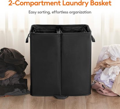 136L Double Laundry Hamper with Lid and Removable Bags, Grey