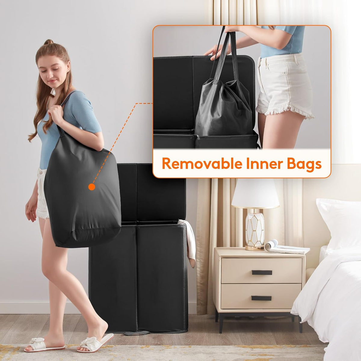 136L Double Laundry Hamper with Lid and Removable Bags, Grey