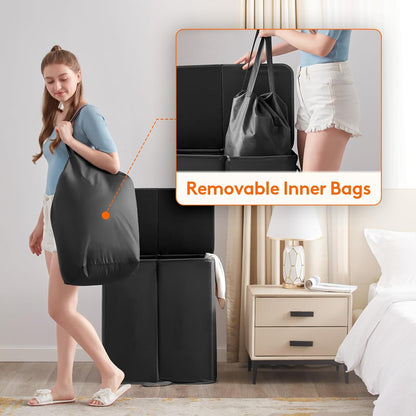 136L Double Laundry Hamper with Lid and Removable Bags, Grey