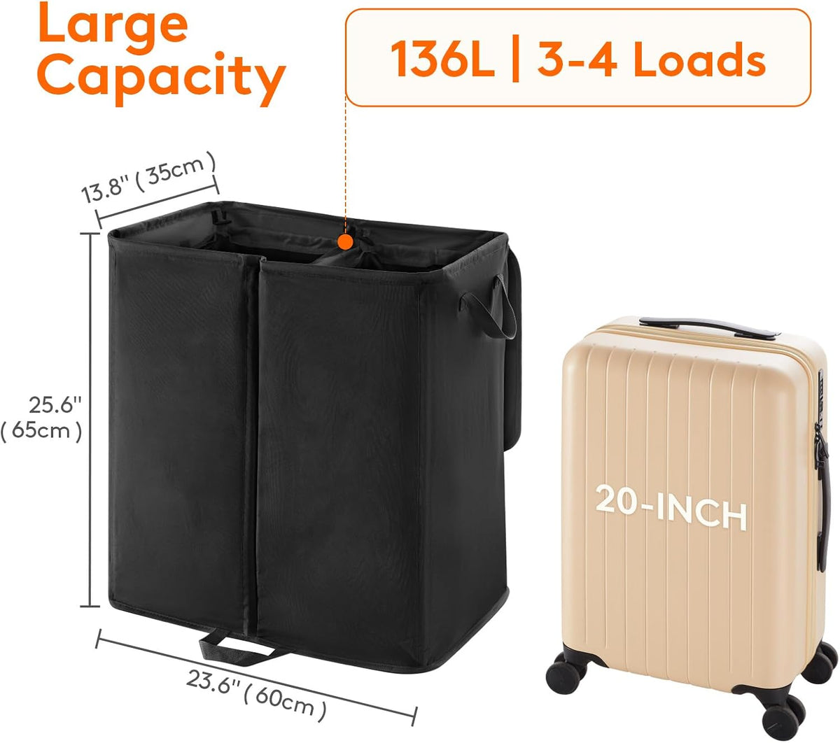 136L Double Laundry Hamper with Lid and Removable Bags, Grey