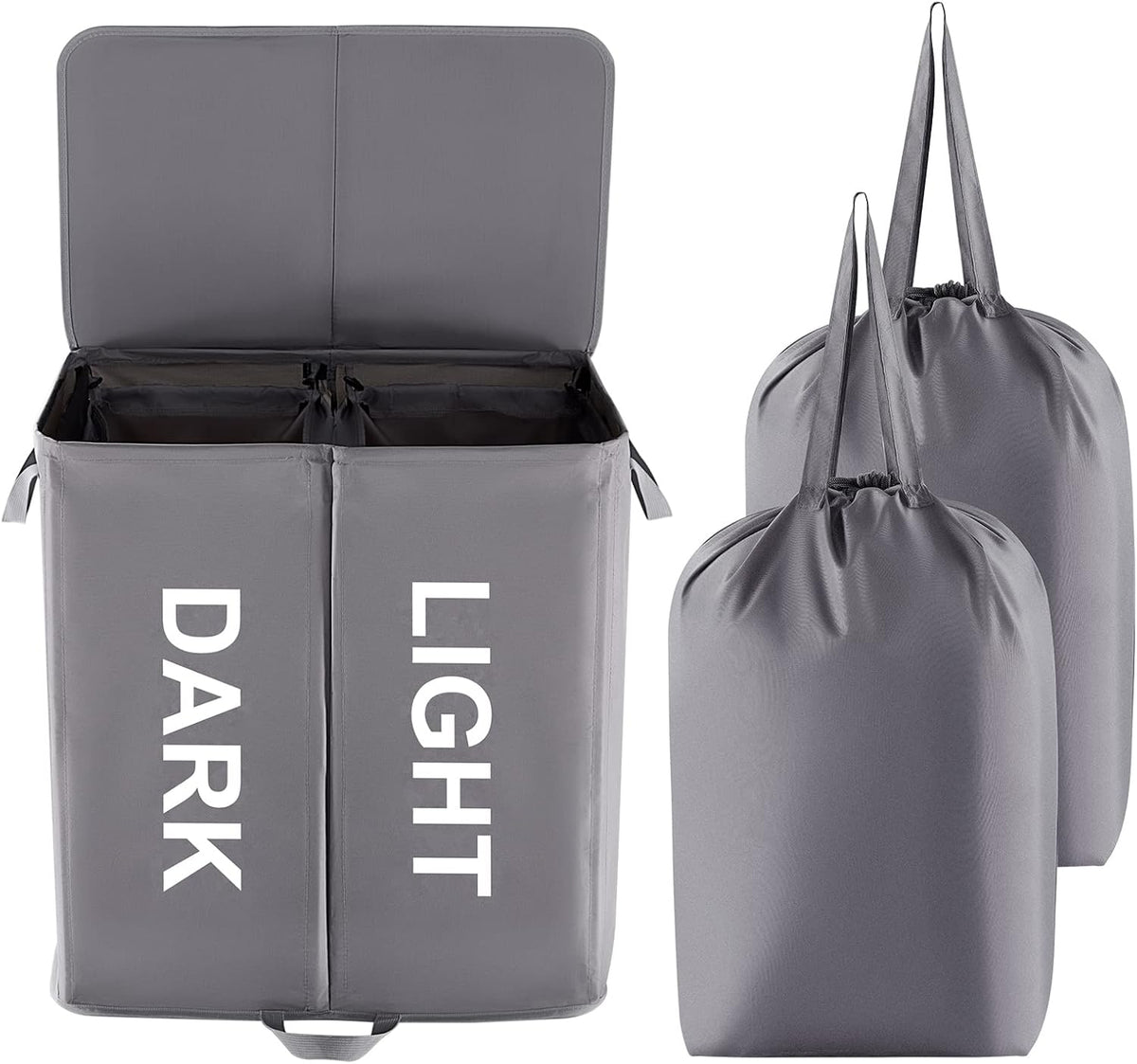136L Double Laundry Hamper with Lid and Removable Bags, Grey