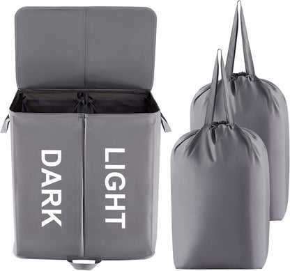 136L Double Laundry Hamper with Lid and Removable Bags, Grey