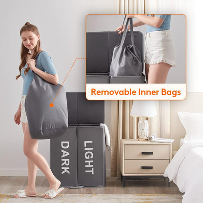 136L Double Laundry Hamper with Lid and Removable Bags, Grey