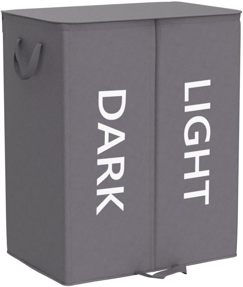 136L Double Laundry Hamper with Lid and Removable Bags, Grey