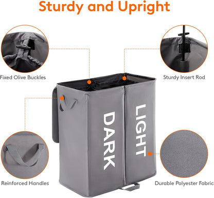 136L Double Laundry Hamper with Lid and Removable Bags, Grey