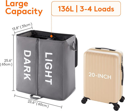 136L Double Laundry Hamper with Lid and Removable Bags, Grey