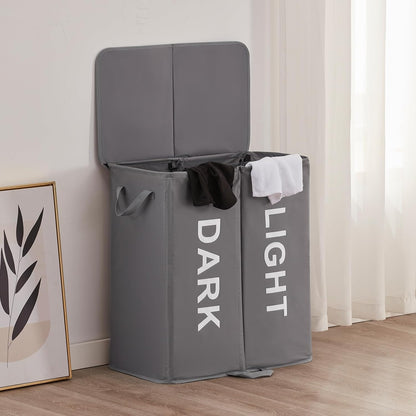 136L Double Laundry Hamper with Lid and Removable Bags, Grey