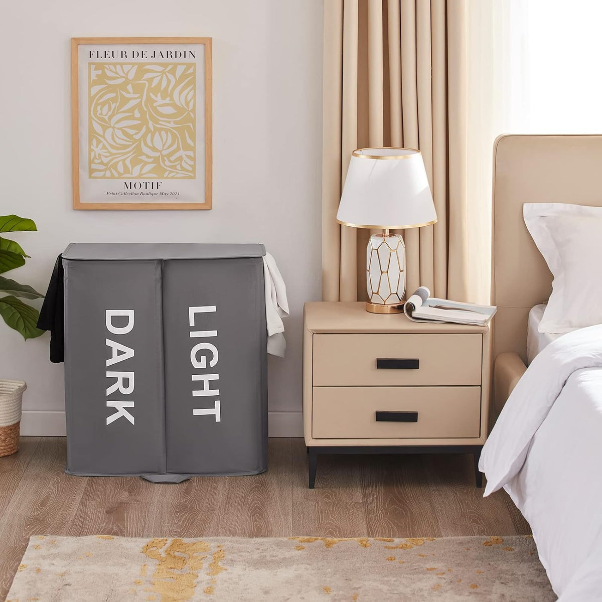 136L Double Laundry Hamper with Lid and Removable Bags, Grey