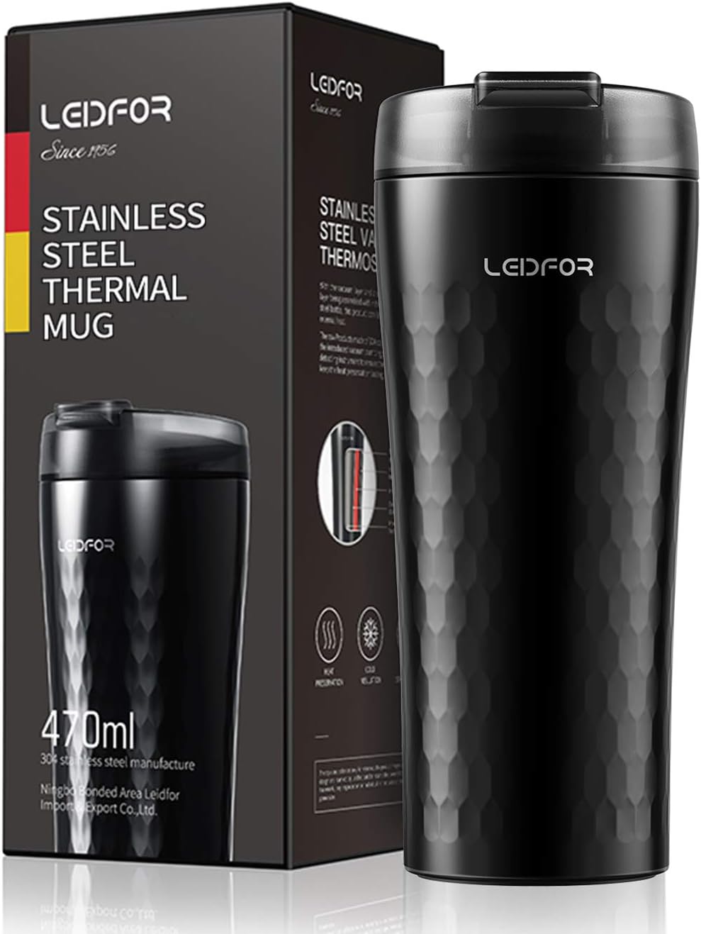 Coffee Travel Mug Tumbler Thermal Cup Vacuum Insulated Stainless Steel Leakproof Lid Keep Hot Cold 16-Ounce Black