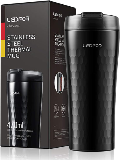 Coffee Travel Mug Tumbler Thermal Cup Vacuum Insulated Stainless Steel Leakproof Lid Keep Hot Cold 16-Ounce Black