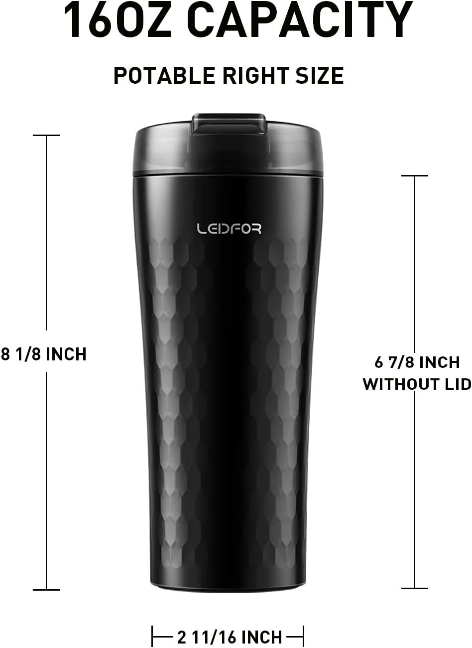 Coffee Travel Mug Tumbler Thermal Cup Vacuum Insulated Stainless Steel Leakproof Lid Keep Hot Cold 16-Ounce Black