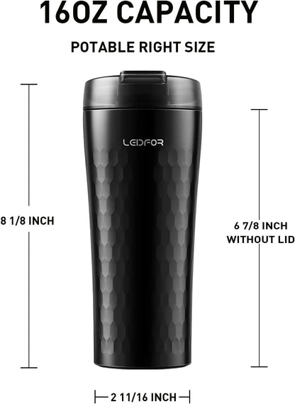 Coffee Travel Mug Tumbler Thermal Cup Vacuum Insulated Stainless Steel Leakproof Lid Keep Hot Cold 16-Ounce Black