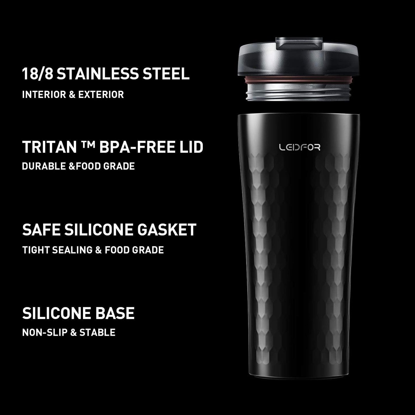 Coffee Travel Mug Tumbler Thermal Cup Vacuum Insulated Stainless Steel Leakproof Lid Keep Hot Cold 16-Ounce Black