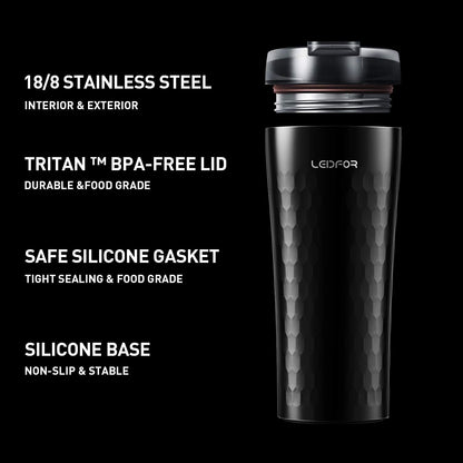Coffee Travel Mug Tumbler Thermal Cup Vacuum Insulated Stainless Steel Leakproof Lid Keep Hot Cold 16-Ounce Black