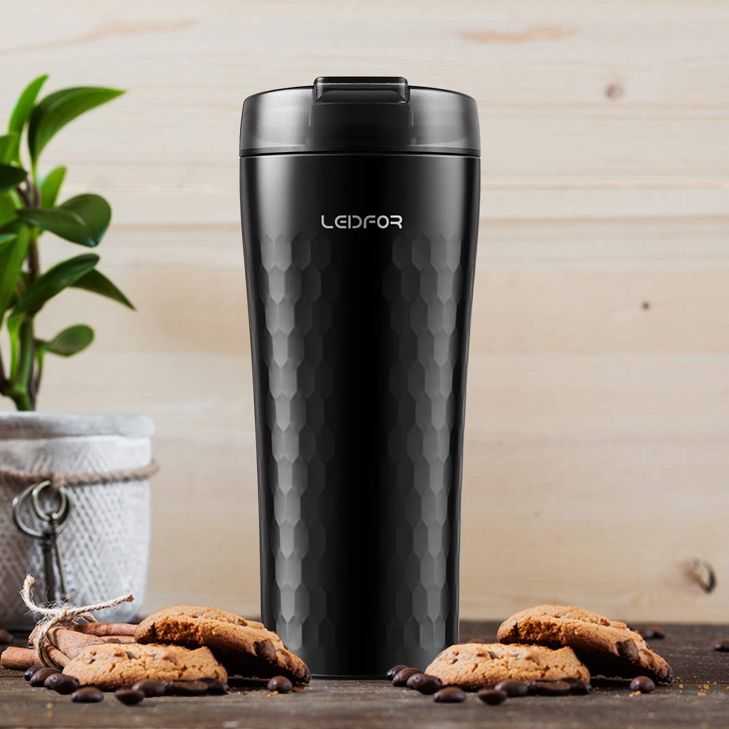 Coffee Travel Mug Tumbler Thermal Cup Vacuum Insulated Stainless Steel Leakproof Lid Keep Hot Cold 16-Ounce Black