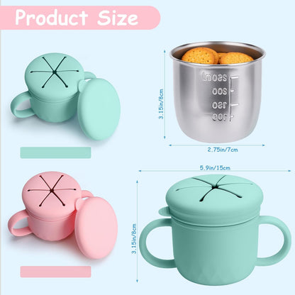 Snack Cups for Toddlers Spill Proof, Stainless Steel Snack Containers for Kids, Reusable Toddler Snack Containers with Lid & Handle, Baby Snack Cups, Dishwasher Safe