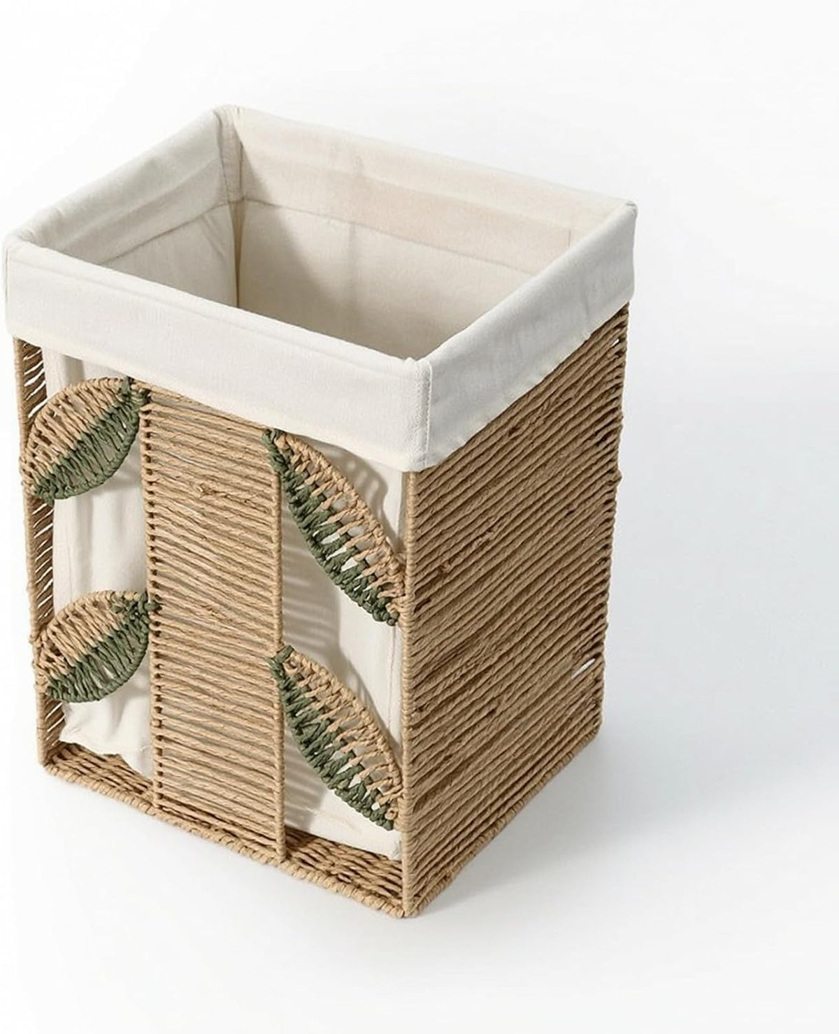Storage Basket Rectangular Woven Basket Organizer Bin With Removable Liner Cotton Linen Lining Leaf Tan Exterior Open Top Suitable for towels nursery, Large, style to 1