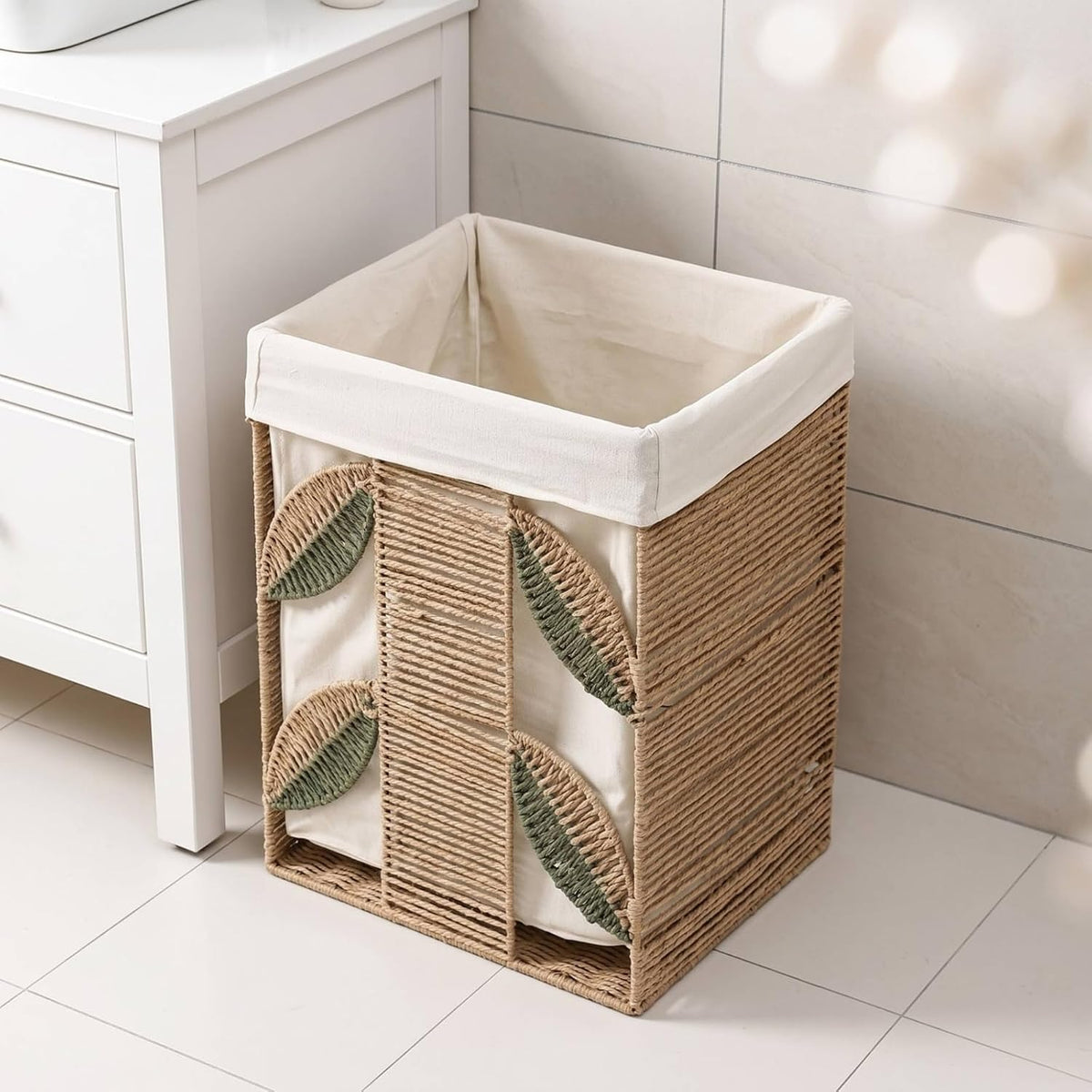 Storage Basket Rectangular Woven Basket Organizer Bin With Removable Liner Cotton Linen Lining Leaf Tan Exterior Open Top Suitable for towels nursery, Large, style to 1