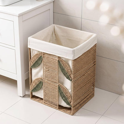 Storage Basket Rectangular Woven Basket Organizer Bin With Removable Liner Cotton Linen Lining Leaf Tan Exterior Open Top Suitable for towels nursery, Large, style to 1