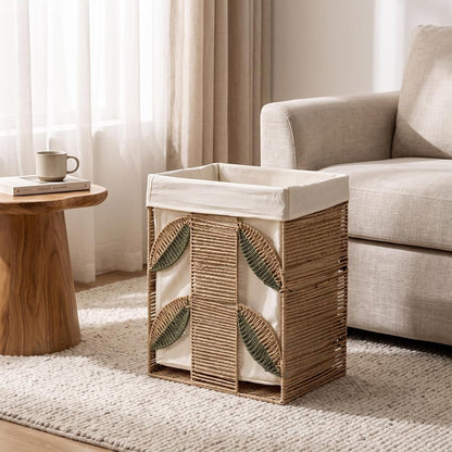 Storage Basket Rectangular Woven Basket Organizer Bin With Removable Liner Cotton Linen Lining Leaf Tan Exterior Open Top Suitable for towels nursery, Large, style to 1