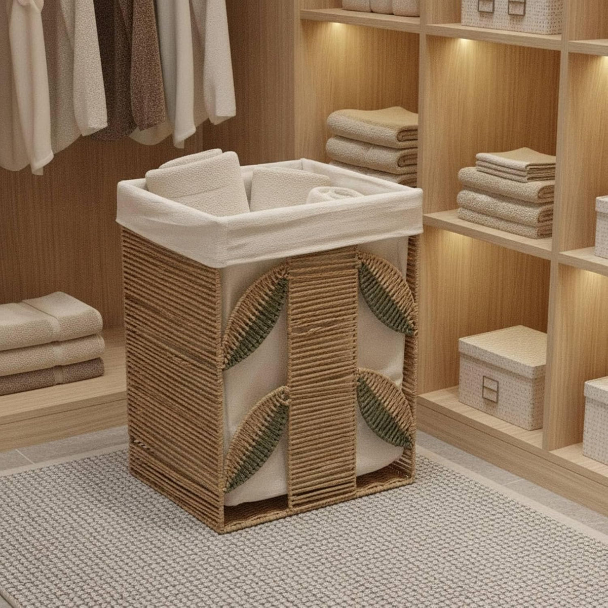 Storage Basket Rectangular Woven Basket Organizer Bin With Removable Liner Cotton Linen Lining Leaf Tan Exterior Open Top Suitable for towels nursery, Large, style to 1