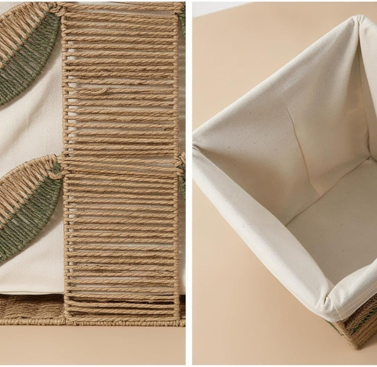 Storage Basket Rectangular Woven Basket Organizer Bin With Removable Liner Cotton Linen Lining Leaf Tan Exterior Open Top Suitable for towels nursery, Large, style to 1