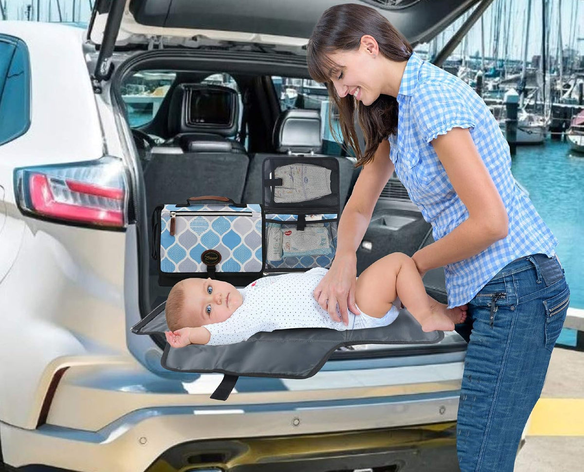 Portable Diaper Changing Pad Thick Soft Cushion Pillow - Travel Baby Mat Diaper Clutch Bag Detachable Wipes Pockets Baby Gift, Trellis Blue Grey Black