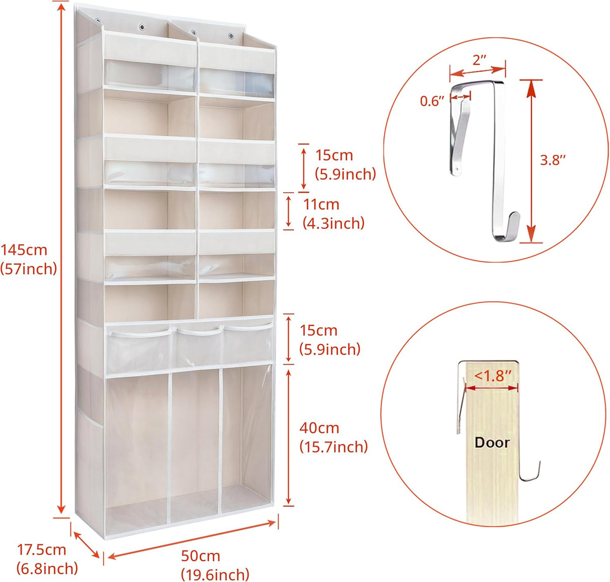 Extra Large Over The Door Organizer with Clear Pockets - 8 Compartments & XL Bottom Storage, Heavy-Duty Hanging Organizer for Bathroom, Bedroom, Closet (57 Inch Height).