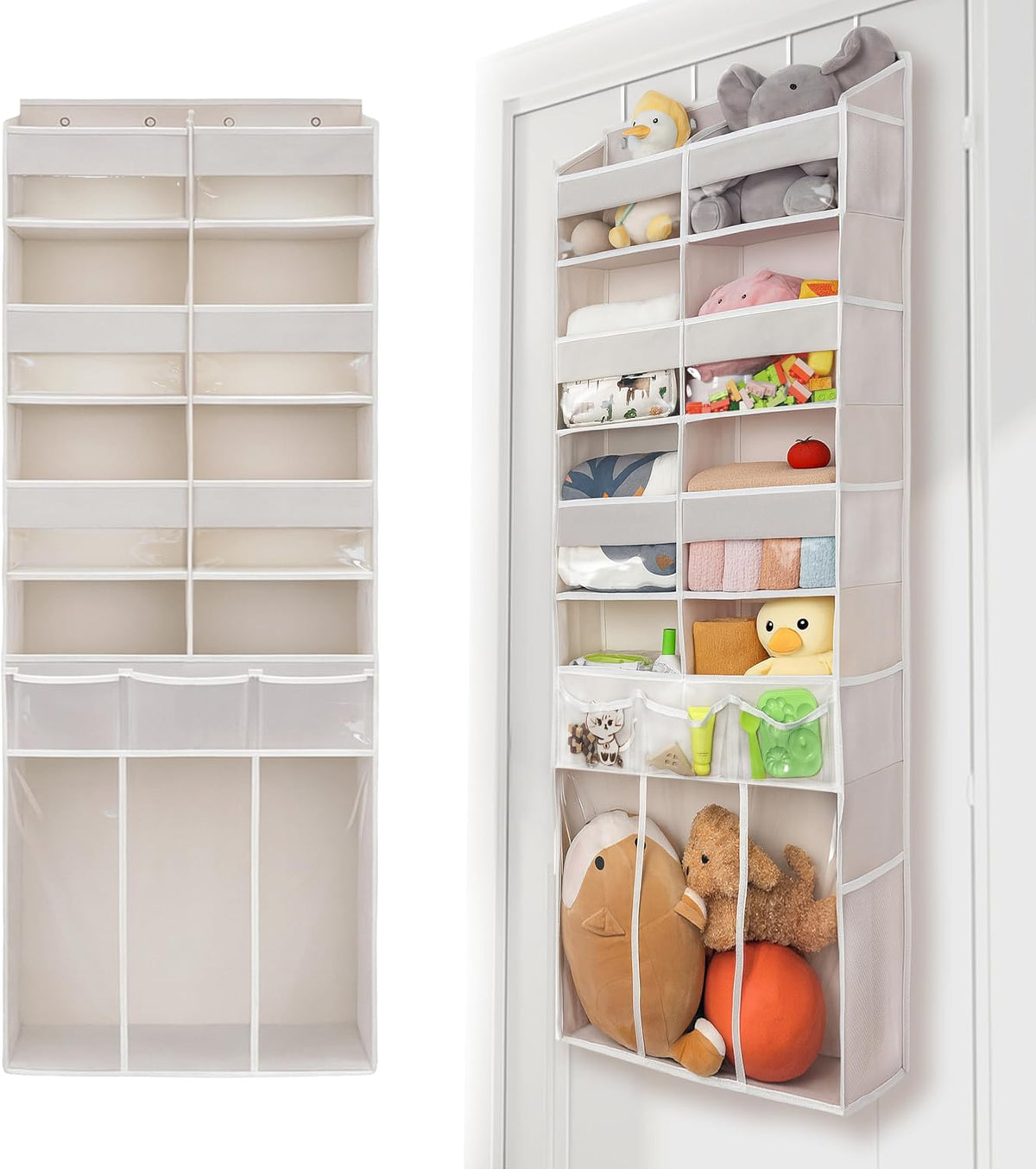 Extra Large Over The Door Organizer with Clear Pockets - 8 Compartments & XL Bottom Storage, Heavy-Duty Hanging Organizer for Bathroom, Bedroom, Closet (57 Inch Height).