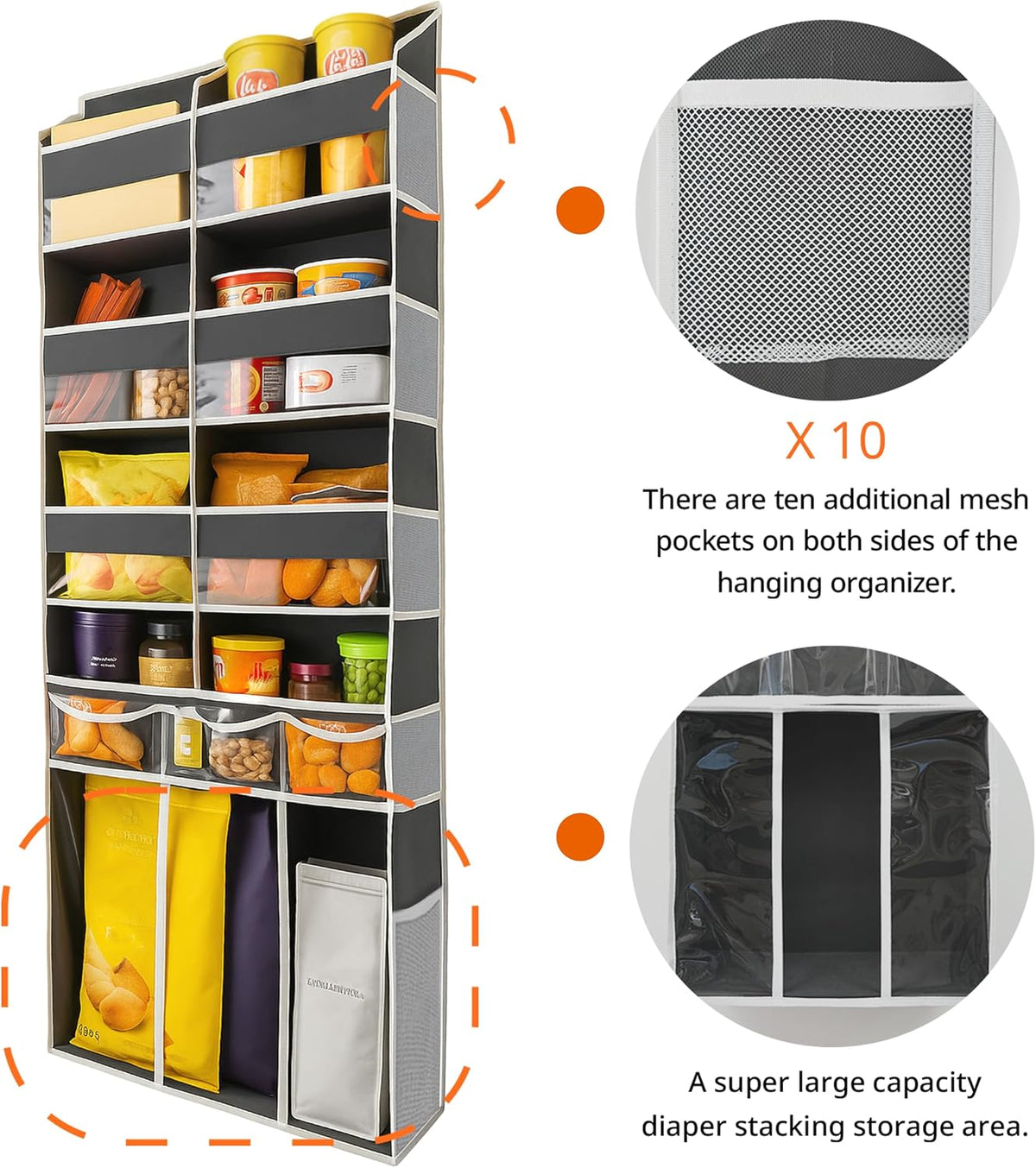 Extra Large Over The Door Organizer with Clear Pockets - 8 Compartments & XL Bottom Storage, Heavy-Duty Hanging Organizer for Bathroom, Bedroom, Closet (57 Inch Height).