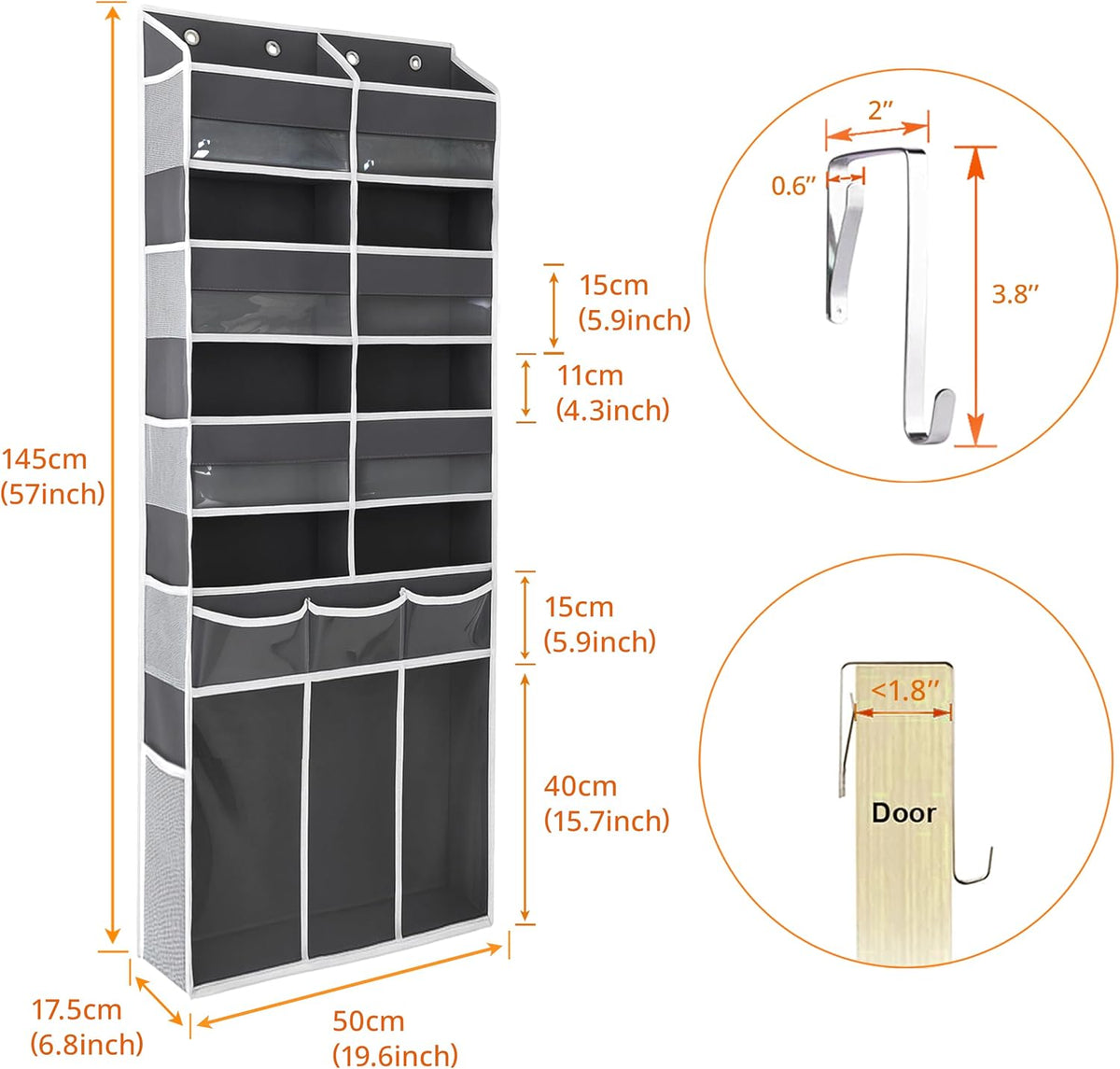 Extra Large Over The Door Organizer with Clear Pockets - 8 Compartments & XL Bottom Storage, Heavy-Duty Hanging Organizer for Bathroom, Bedroom, Closet (57 Inch Height).