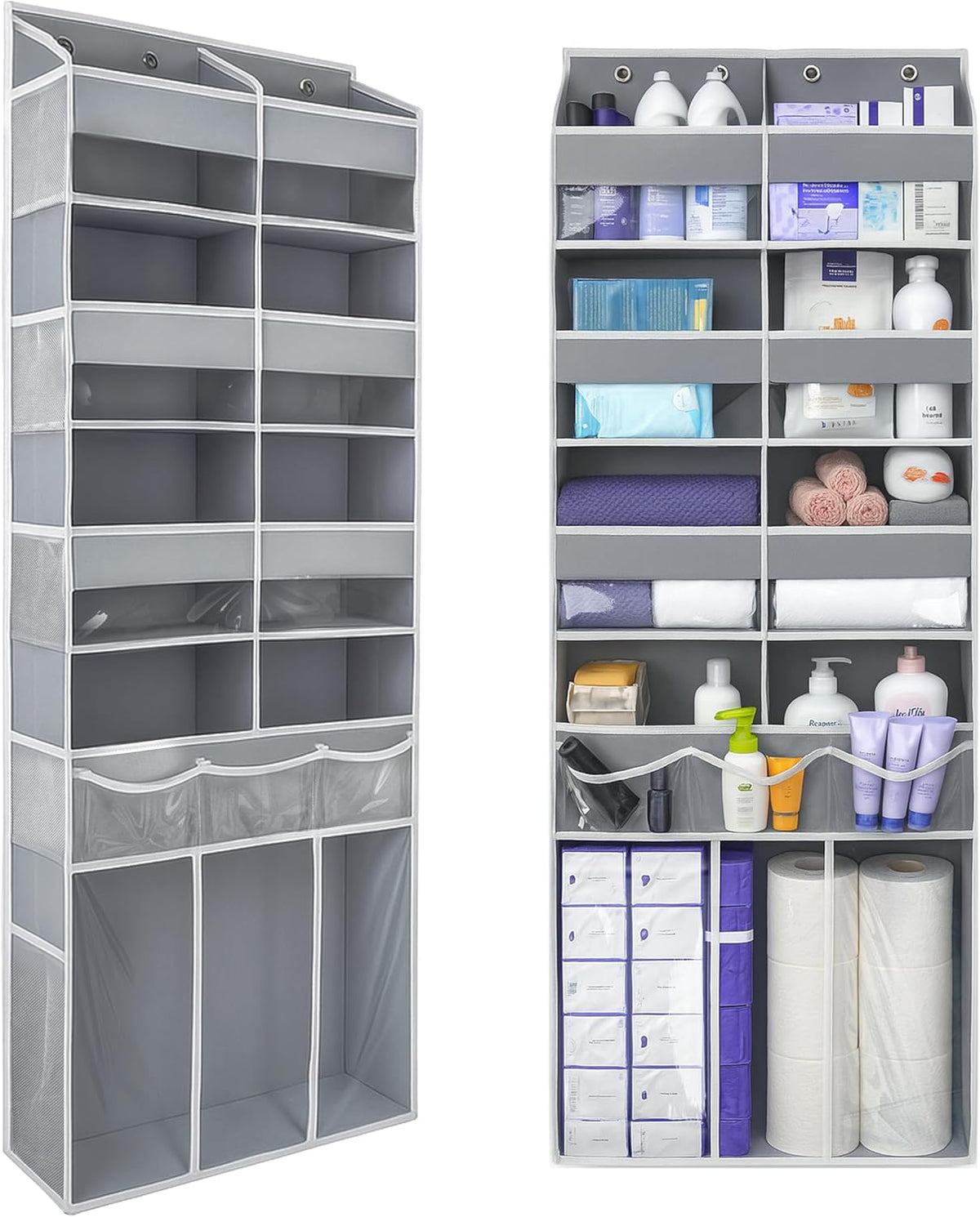 Extra Large Over The Door Organizer with Clear Pockets - 8 Compartments & XL Bottom Storage, Heavy-Duty Hanging Organizer for Bathroom, Bedroom, Closet (57 Inch Height).