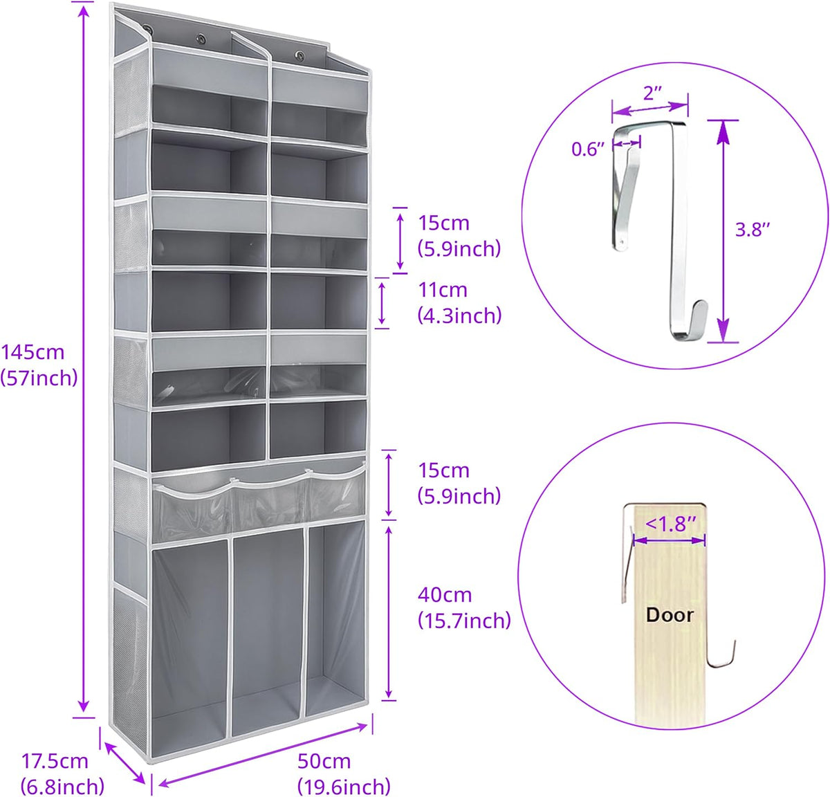 Extra Large Over The Door Organizer with Clear Pockets - 8 Compartments & XL Bottom Storage, Heavy-Duty Hanging Organizer for Bathroom, Bedroom, Closet (57 Inch Height).