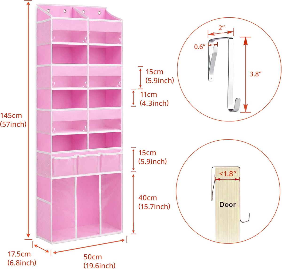 Extra Large Over The Door Organizer with Clear Pockets - 8 Compartments & XL Bottom Storage, Heavy-Duty Hanging Organizer for Bathroom, Bedroom, Closet (57 Inch Height).