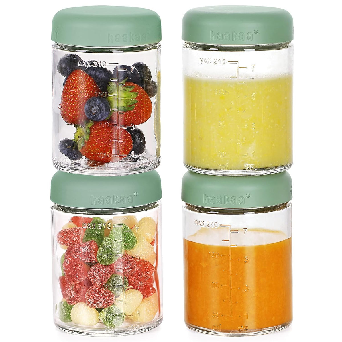 Baby Food Storage Containers Set,100% Leak-Proof Glass Baby Food Jars with Silicone Lids, Fridge –Freezer & Microwave Safe,4 PCS 7 oz,Pea Green