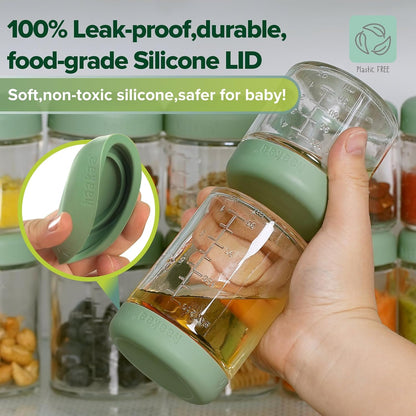 Baby Food Storage Containers Set,100% Leak-Proof Glass Baby Food Jars with Silicone Lids, Fridge –Freezer & Microwave Safe,4 PCS 7 oz,Pea Green