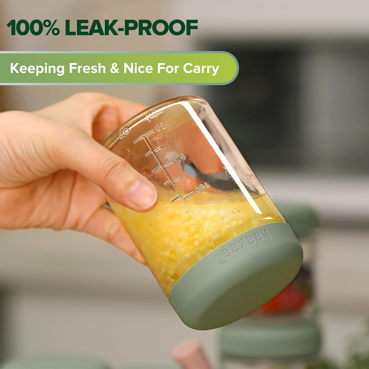 Baby Food Storage Containers Set,100% Leak-Proof Glass Baby Food Jars with Silicone Lids, Fridge –Freezer & Microwave Safe,4 PCS 7 oz,Pea Green