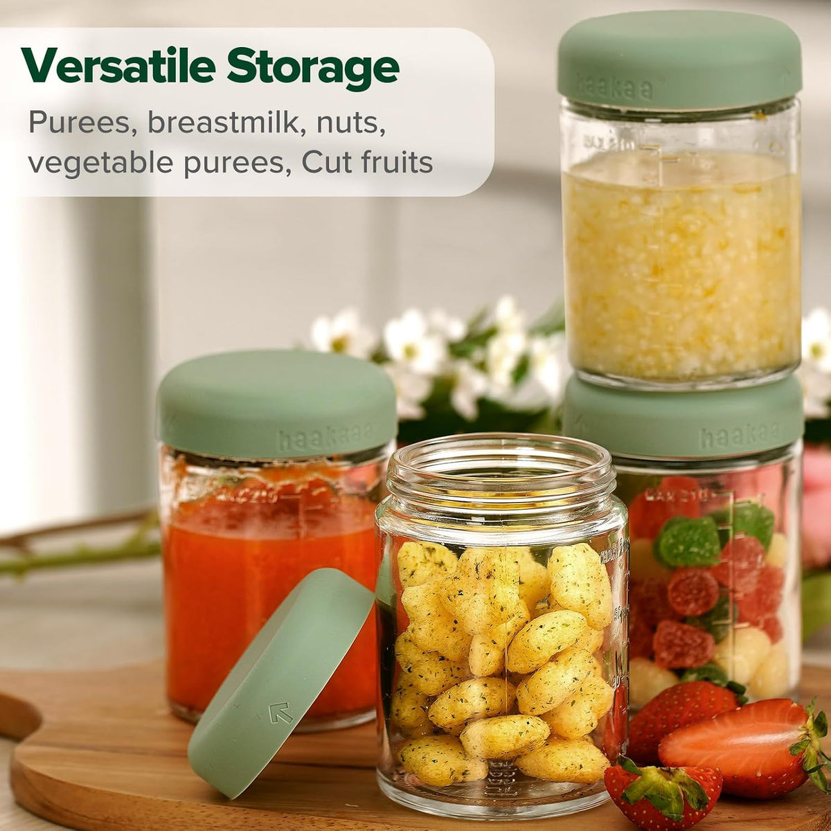 Baby Food Storage Containers Set,100% Leak-Proof Glass Baby Food Jars with Silicone Lids, Fridge –Freezer & Microwave Safe,4 PCS 7 oz,Pea Green