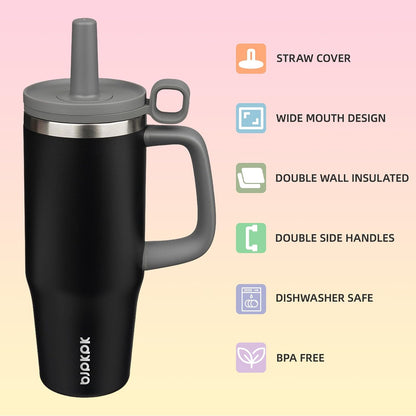 32 oz Insulated Tumbler with Handle, Straw & Lid, Stainless Steel | Leak Proof, Travel, Thermal, Double Wall Vacuum, Keeps Hot/Cold, Spill Proof, BPA Free, Dishwasher Safe, Camping, Navy Blue