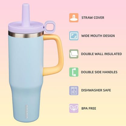 32 oz Insulated Tumbler with Handle, Straw & Lid, Stainless Steel | Leak Proof, Travel, Thermal, Double Wall Vacuum, Keeps Hot/Cold, Spill Proof, BPA Free, Dishwasher Safe, Camping, Navy Blue